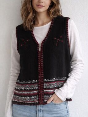 Northern Reflections Hand Embroidered Vest Cotton Zip Up Folk Boho Medium